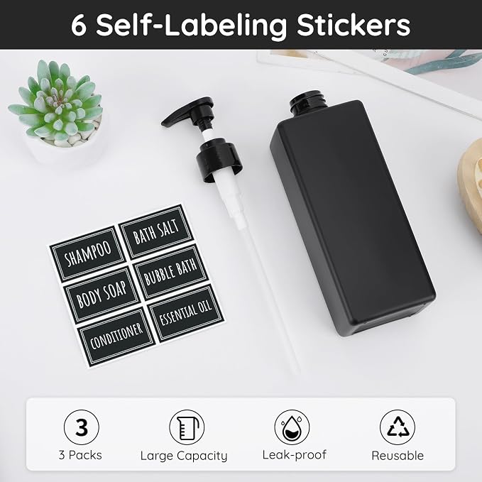 Segbeauty Matte Black Soap Dispenser, 3 Pack 16.9oz Refillable Shampoo and - Image 2