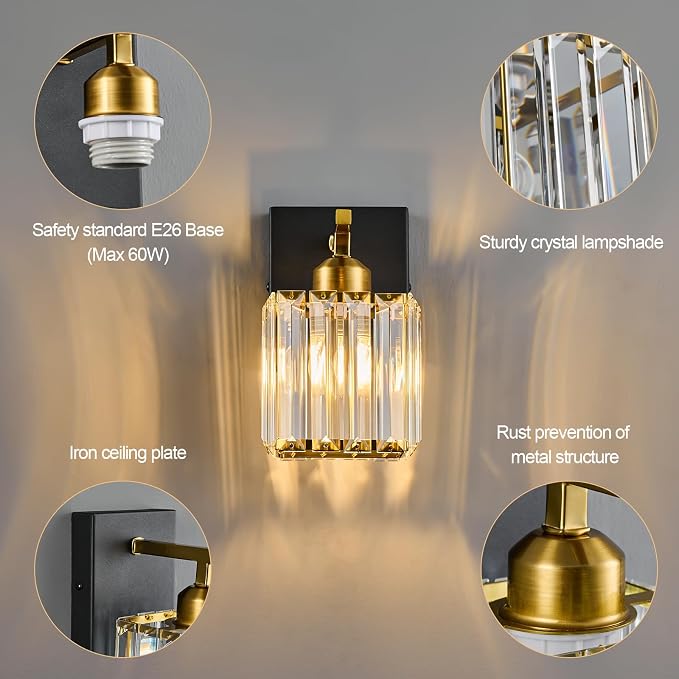 Modern Wall Sconce Set of Two Indoor Wall Lamp Black Gold Wall Sconces Crystal - Image 6