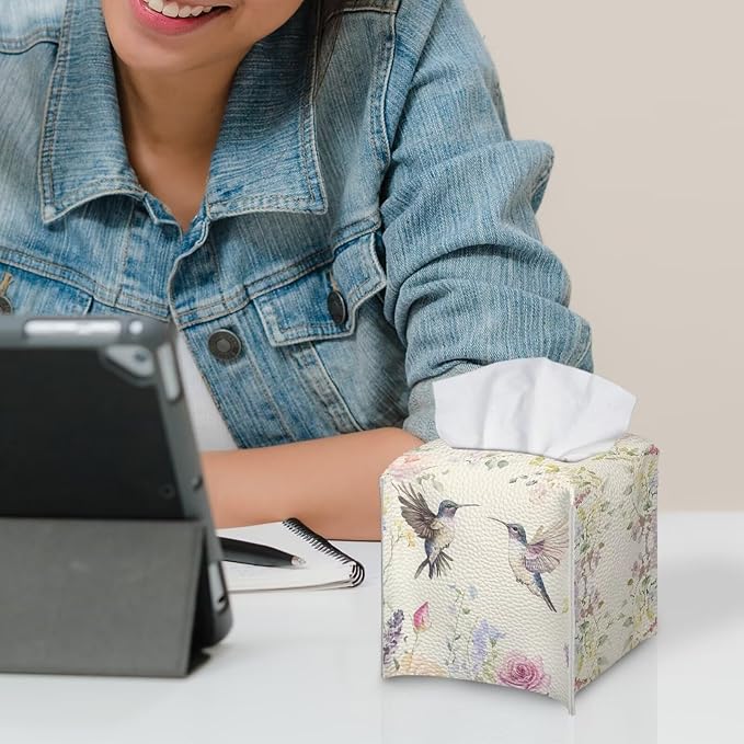 Bird Flowers Minimalist Tissue Box Holder, Square PU Leather Napkin Organizer - Image 6