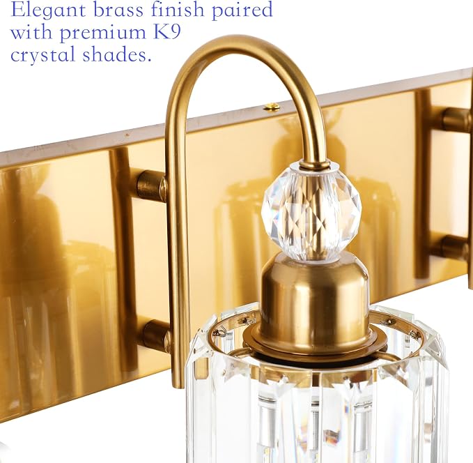 Ralbay Brass Gold Bathroom Vanity Lights 3-Lights Brass Gold Crystal Vanity - Image 7