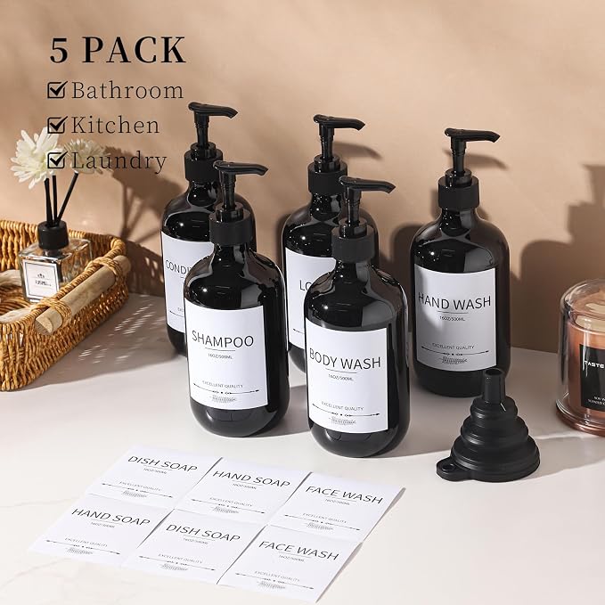 Stylish Shampoo Dispenser Bottles, 16.9oz Black Shampoo Bottles Refillable - Image 2
