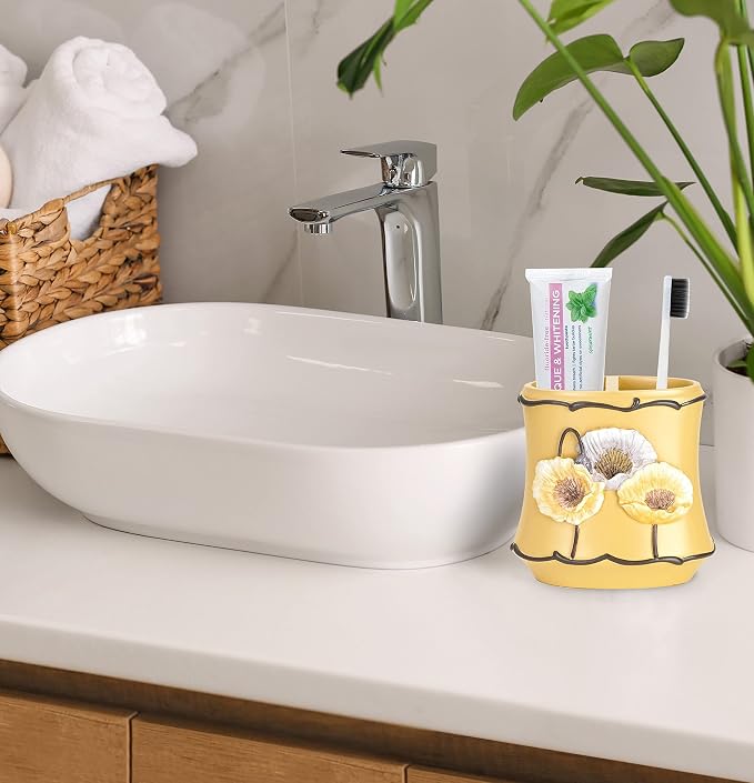 Zahari Home 4pc Poppy Fields Yellow Bathroom Accessories Set Hand Soap Dispenser - Image 4