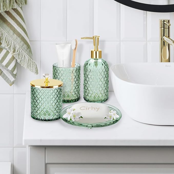 Green Bathroom Accessories 4Pcs of Glass Bathroom Counter Organizer Set - Image 5