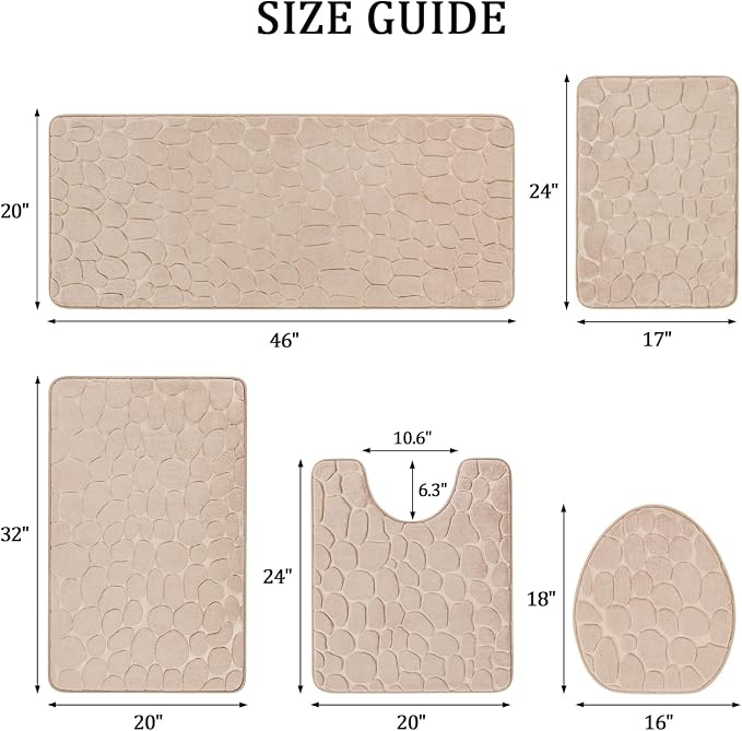 YIHOUSE Bathroom Rugs Mat Set 5 Piece Khaki, Memory Foam Bath Mats Sets - Image 2