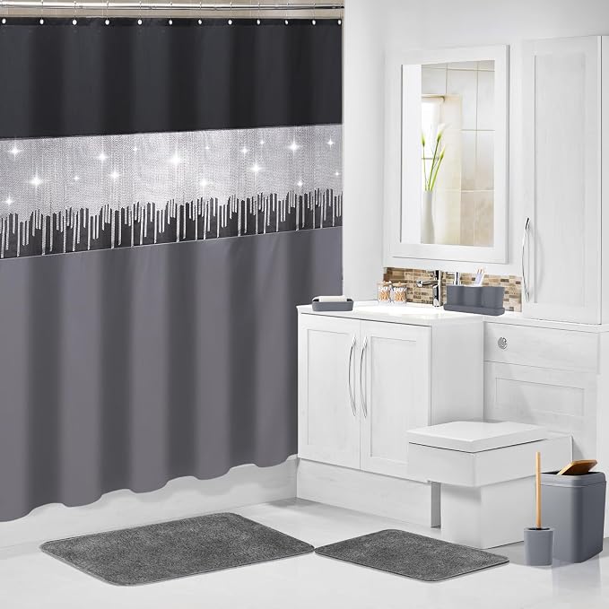 Bathroom Accessories Set with Glitter Shower Curtain and Bath Mats, 24 Piece - Image 5