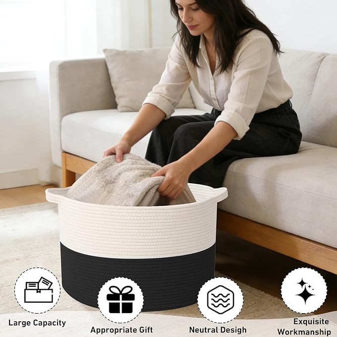 115L Large Blanket Basket, 23.6" L x 23.6" W x 15.7" H Rope Woven Baskets - Image 4