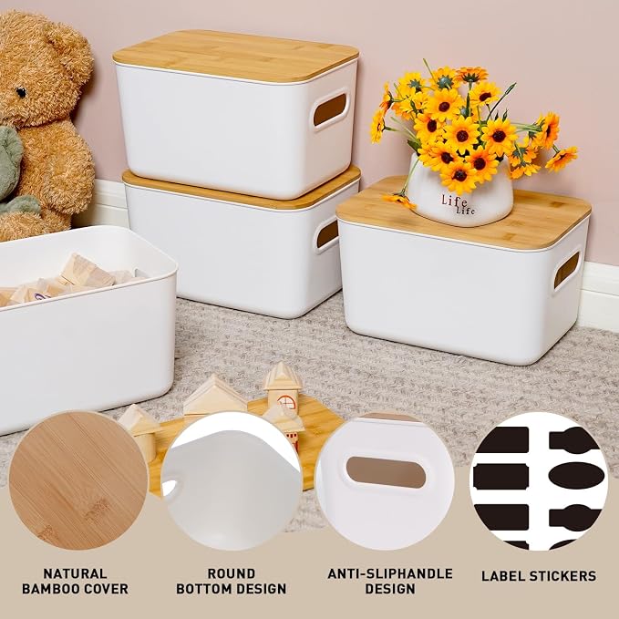 Citylife Storage Bins with Bamboo Lids 6QT Plastic Storage Containers Stackable - Image 4