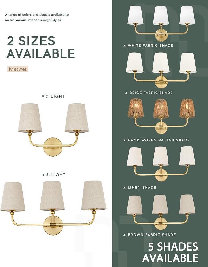 2-Light Bathroom Light Fixtures, Brushed Gold Vanity Lights, Double Wall Sconce - Image 7