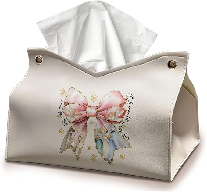 Pink Bows Tissue Box Cover Rectangle, Snowflake Winter Holiday Decor Tissue Box by UTELKA