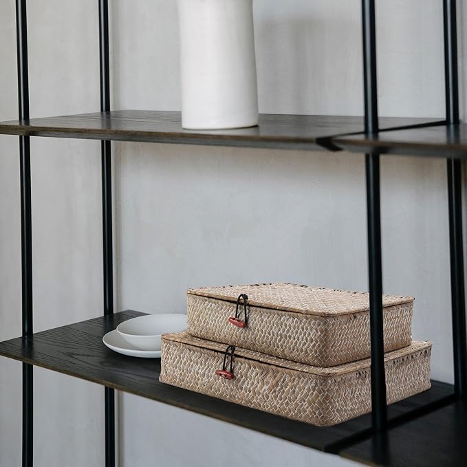 Whitewash Seagrass Basket with Lid Rectangular Decorative Storage Boxes - Image 8