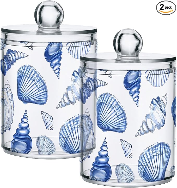 2 Pack Qtip Holder Dispenser for Cotton Ball Blue Seashells Ocean Nautical by ALAZA