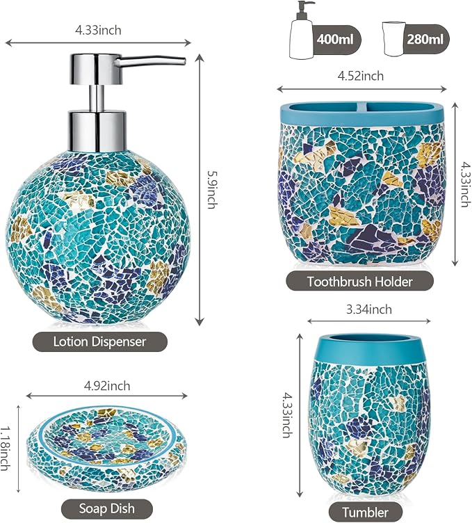 Handmade Blue Mosaic Glass Bathroom Accessory Sets 4PCS Bathroom Accessories - Image 6