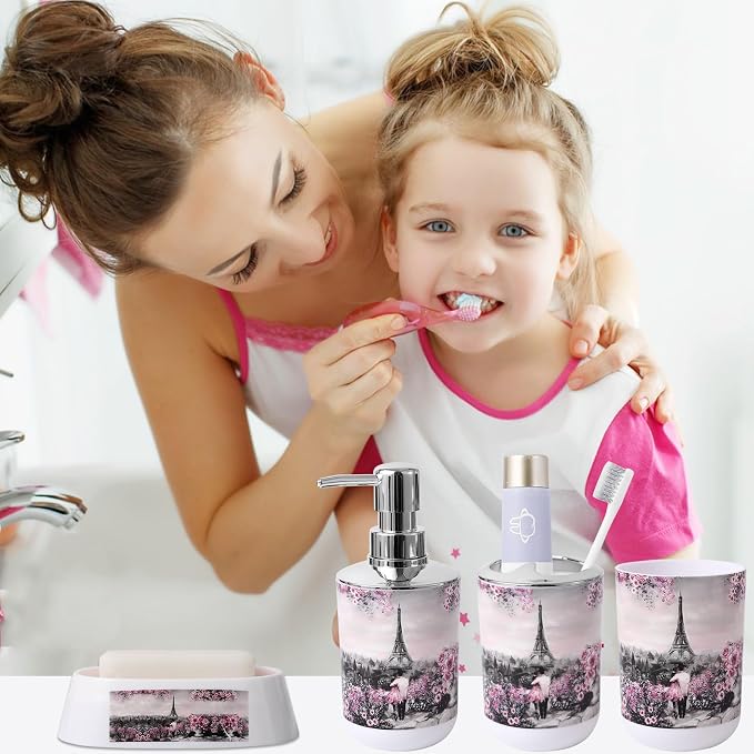 Bathroom Accessories Set with Shower Curtain Bath Rugs Pink Paris Bathroom - Image 3