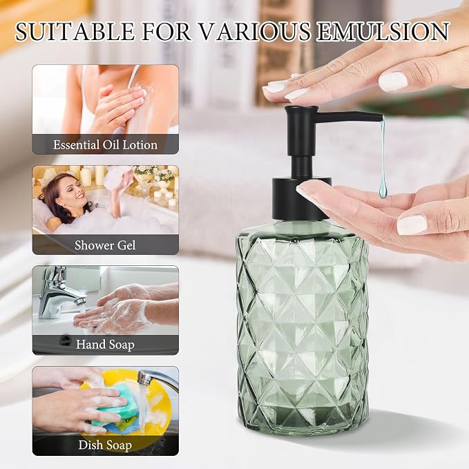 Green Glass Soap Dispenser, 11 Oz/330ml Liquid Hand Lotion Dispenser Set - Image 3