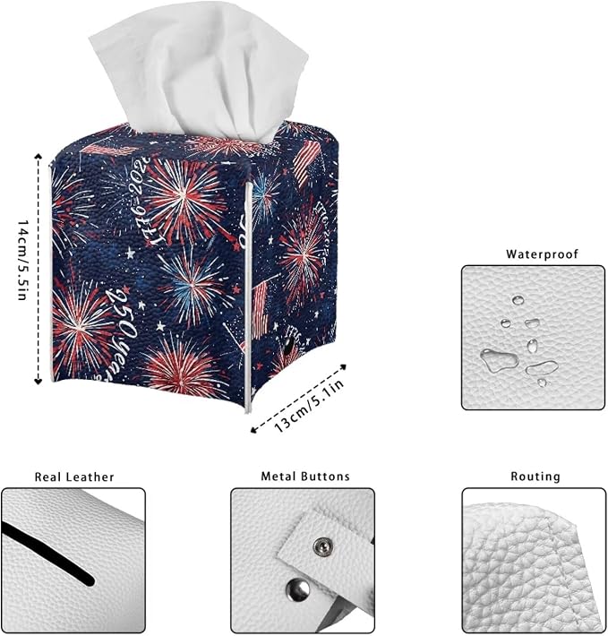 Firework USA Flag Tissue Box Holder Waterproof PU Leather Square Modern Tissue - Image 7