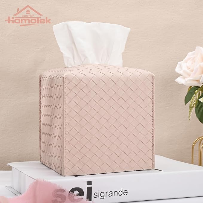HOMOTEK 2 Pack Tissue Box Cover, Square PU Leather Tissue Holder, Decorative - Image 3