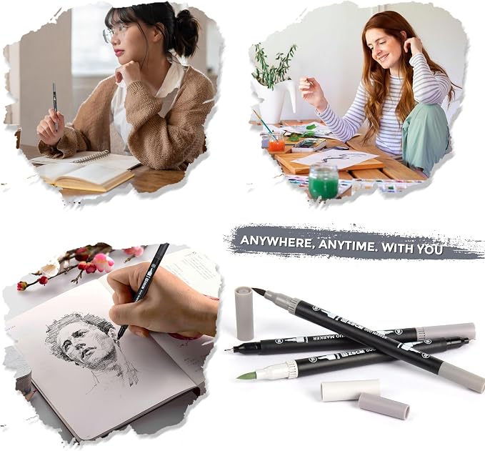 Gray Duo Tip Marker Pens, 12 Pack Fine & Brush Markers - Image 7