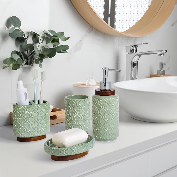 Elegant Bathroom Accessories Set 4 PCS Ceramic and Wood Bathroom Accessory Set - Image 4
