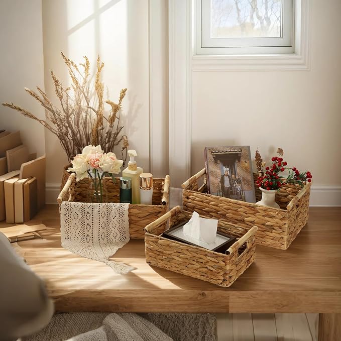 Wicker Storage Baskets for Organizing 3 Pack, Natural Water Hyacinth Ratten - Image 6