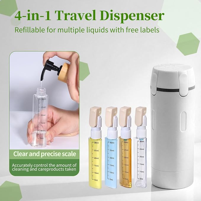 4 in 1 Travel Dispenser, 4 Pack 30ML Travel Bottles - Image 3
