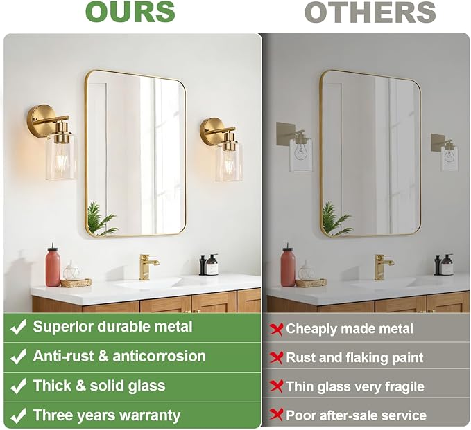 Set of 2 Wall Sconces for Bathroom, Brushed Gold Modern Vanity Lights - Image 3