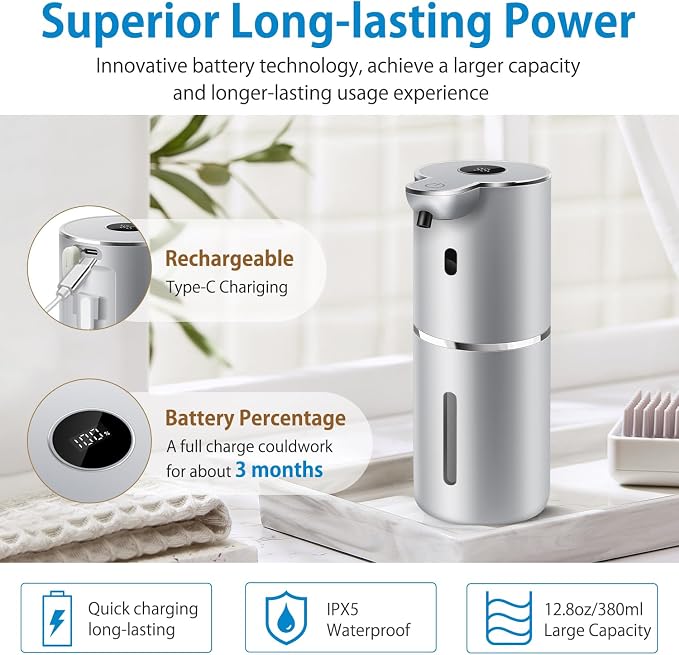 Automatic Foaming Soap Dispenser 12.8oz, Rechargeable & 6 Levels Foaming - Image 4