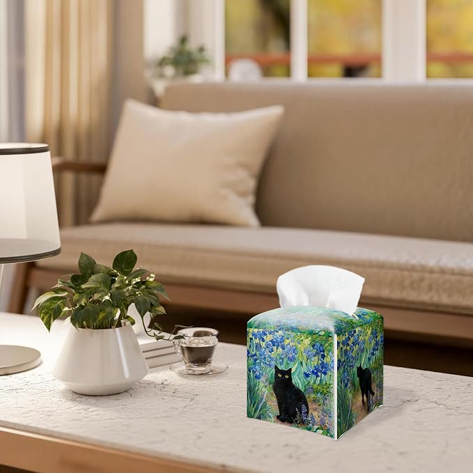 Black Cat & Blue Flowers Design Tissue Box Cover - Image 4