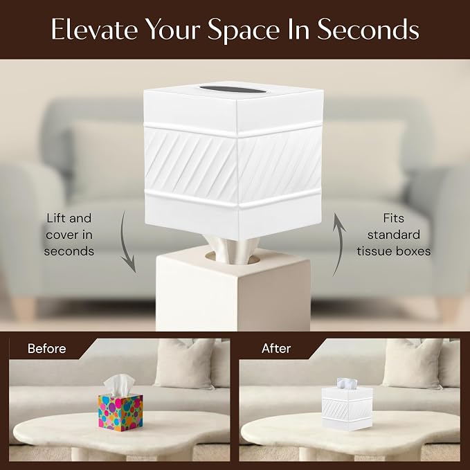 Monarch Abode Tissue Box Cover Square – Handcrafted Wave Embossed White Metal - Image 6