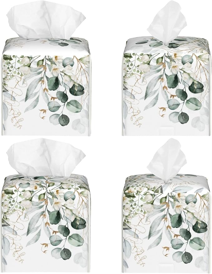 Eucalyptus Leaves and Flowers Tissue Box Cover Square, Watercolor Green Leaves - Image 2