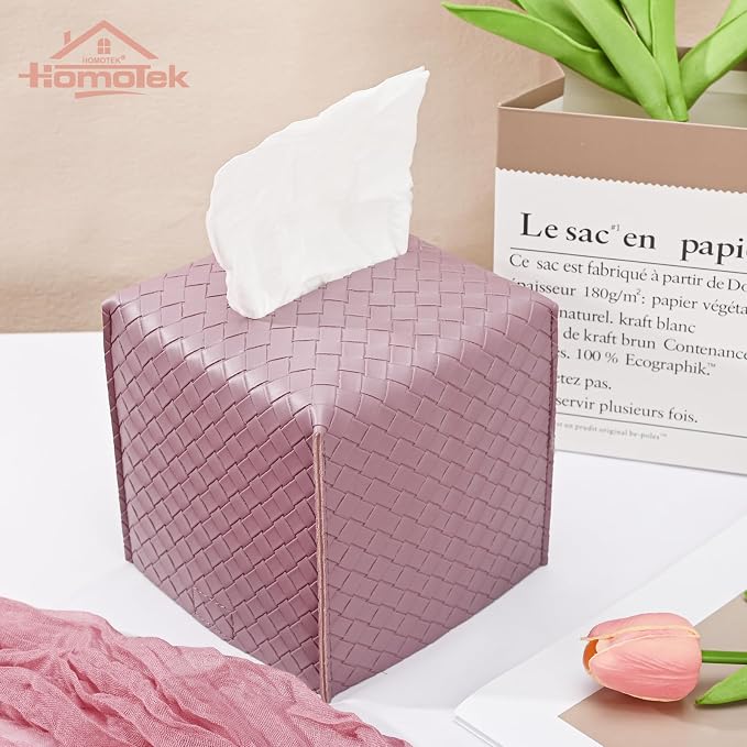 HOMOTEK 2 Pack Tissue Box Cover, Square PU Leather Tissue Holder, Decorative - Image 3