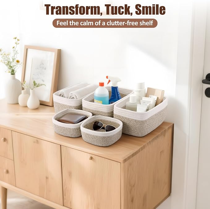 5-Pack Small Woven Rope Storage Baskets – 2 Sizes Organizer Bins - Image 5