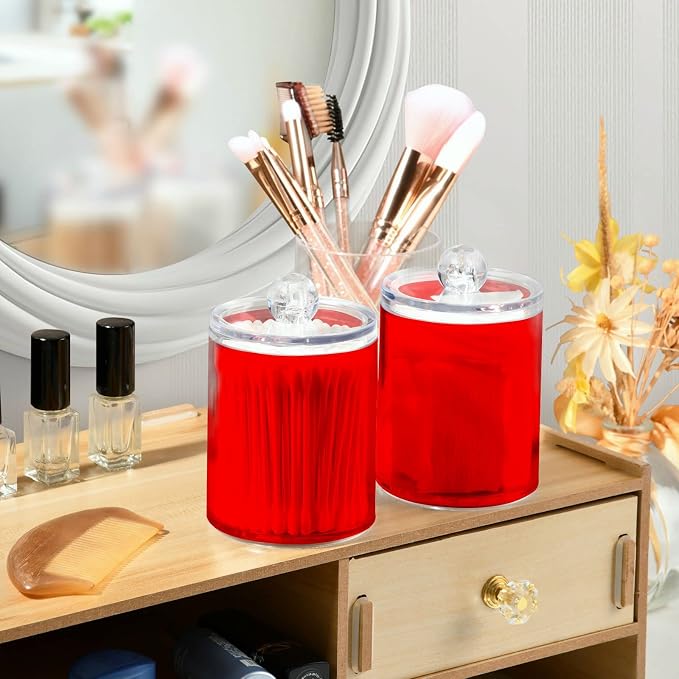 Red Qtip Holder Organizer Dispenser Cotton Swabs Cans Plastic Jars - Image 6