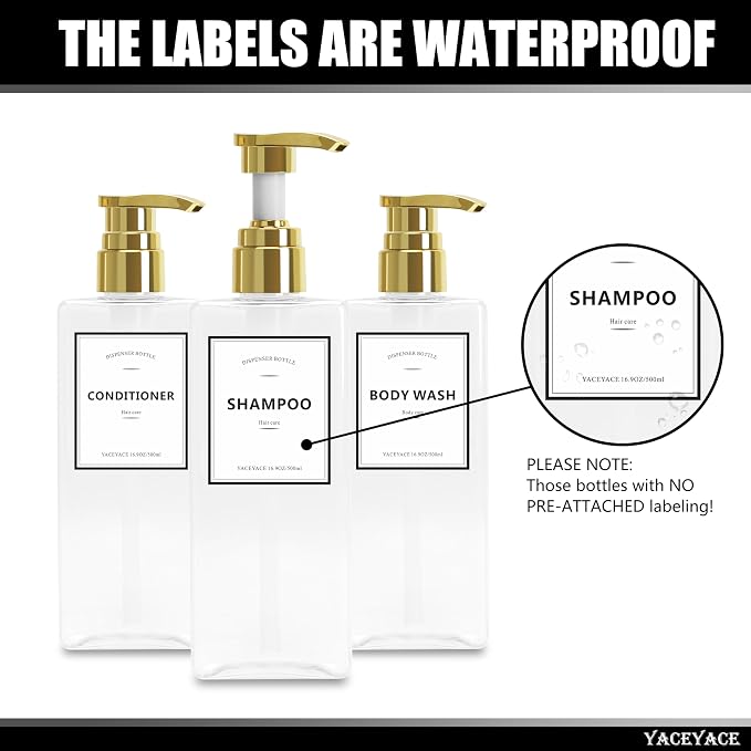 Shampoo Dispenser Bottles with Gold Pump, YACEYACE 16.9oz Set of 3 Clear - Image 2