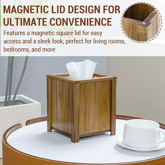 MyGift Premium Acacia Solid Wood Square Tissue Box Holder - Image 3