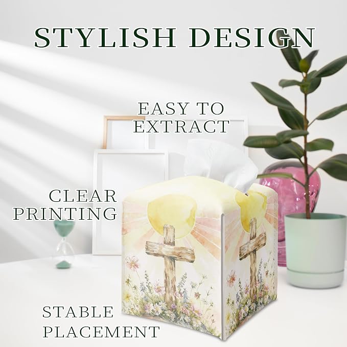 Cross and Wildflowers Tissue Box Cover Square, Religious Easter Waterproof - Image 5