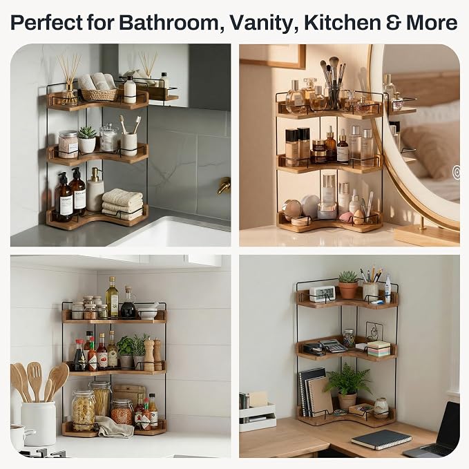 3-Tier Bathroom Counter Organizer, Wooden Corner Shelf - Image 7