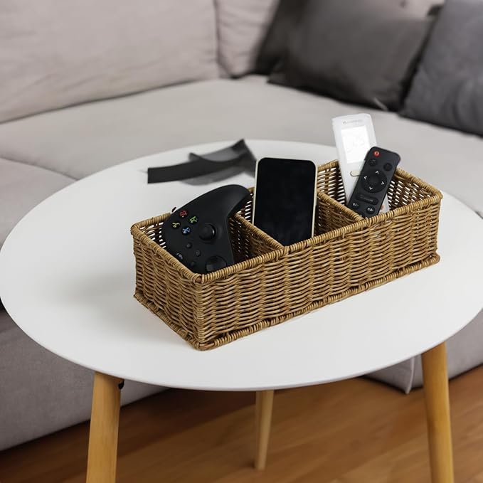 Waterproof Wicker Basket With 3 Compartments, Hand Woven Bathroom Counter - Image 3
