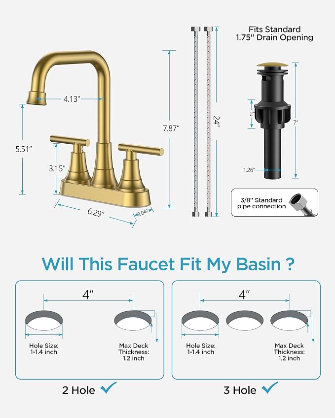 FORIOUS 4 Inch Bathroom Sink Faucet 2 Hole, Brushed Gold Vanity Faucet - Image 2