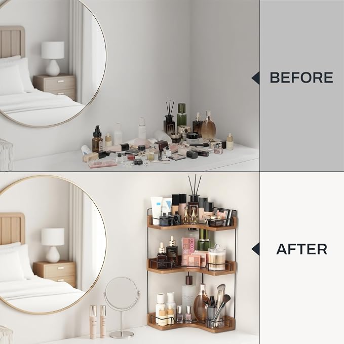 3-Tier Bathroom Counter Organizer, Wooden Corner Shelf - Image 5