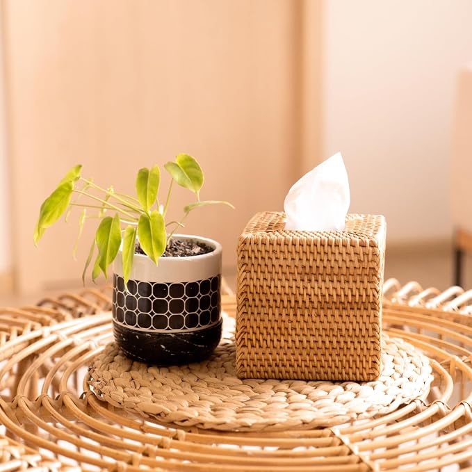 2 Pack Rattan Tissue Box Cover Square, Hand Woven Wicker Tissue Holder - Image 2
