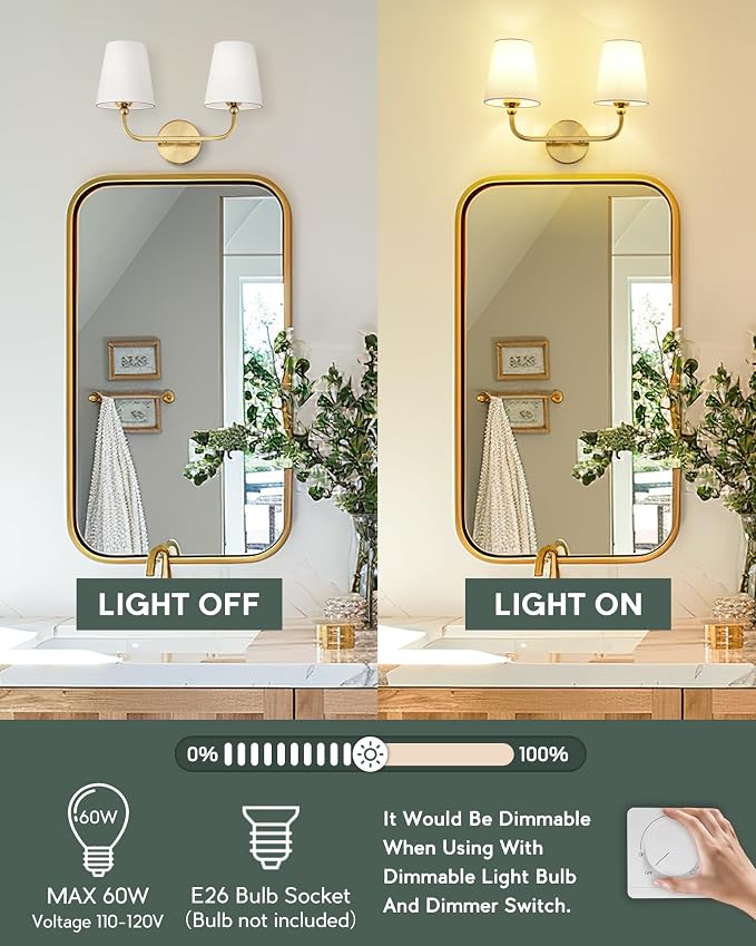 2-Light Bathroom Light Fixtures, Brushed Gold Vanity Lights, Double Wall Sconce - Image 7