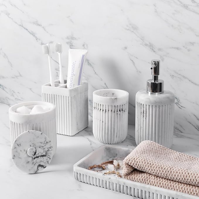 Resin White Marble Bathroom Accessories Set 5 Pcs, Lotion Soap Dispenser by BetterbathroomwithXLHOME