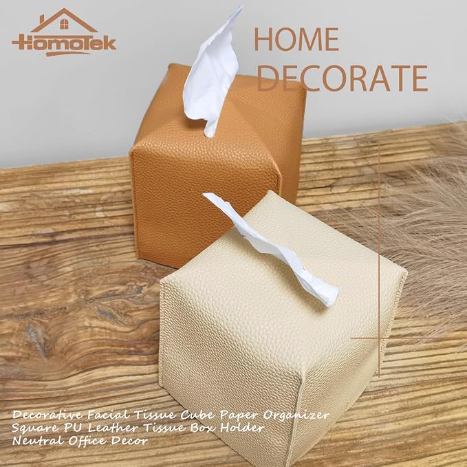 HOMOTEK 2 Pack Tissue Box Cover, Square PU Leather Tissue Holder, Decorative - Image 5