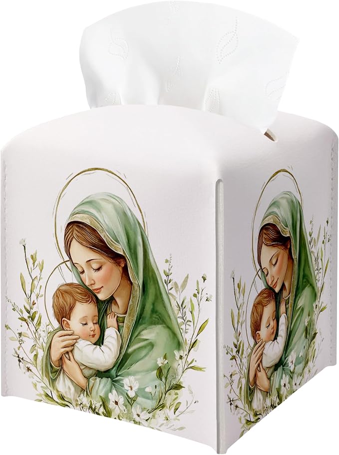 Holy Infant & Virgin Mary Square Tissue Box Cover, PU Leather Drawstring Bottom by BGFMVS