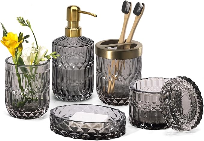 EMPO 6PCS Bathroom Clear Glass Accessories Set Contemporary Modern Decor by EMPO