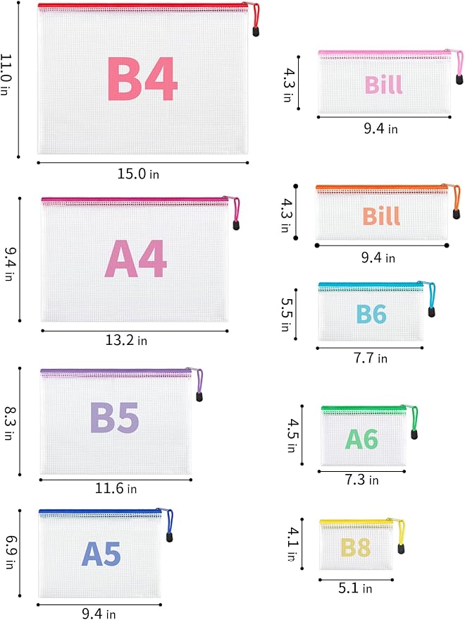 JARLINK 20 Pack 8 Sizes Mesh Pouch, 9 Colors, Waterproof Zipper File Bags - Image 2