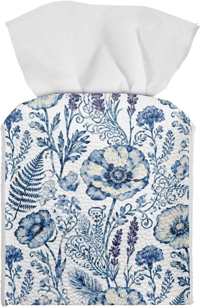 Blue Flowers Tissue Box Holder Square PU Leather Tissue Organizer Case by Pzuqiu