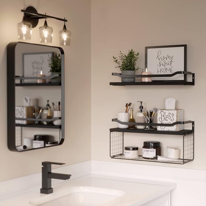 WOPITUES Floating Shelves with Wire Storage Basket, Bathroom Shelves Over - Image 5
