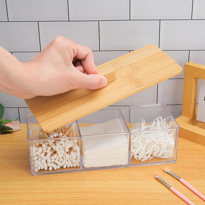 Wood Qtip Holder 3 Compartments Cotton Ball and Swab Holder Organizer - Image 3