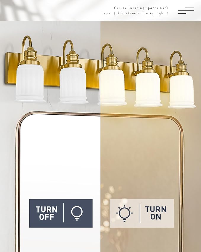 5-Light Bathroom Vanity Light, HWH Brushed Gold Bathroom Lighting Fixtures - Image 4